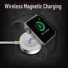 Wireless magnetic watch charger puck with white cable and USB-A to USB-C adapter
