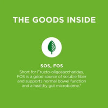 Green brand panel with leaf icon and fiber message for digestive support.