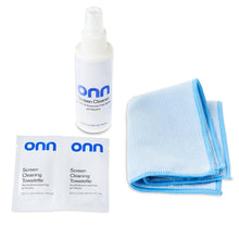 Screen cleaning kit with spray bottle, two blue microfiber cloths, and towelettes