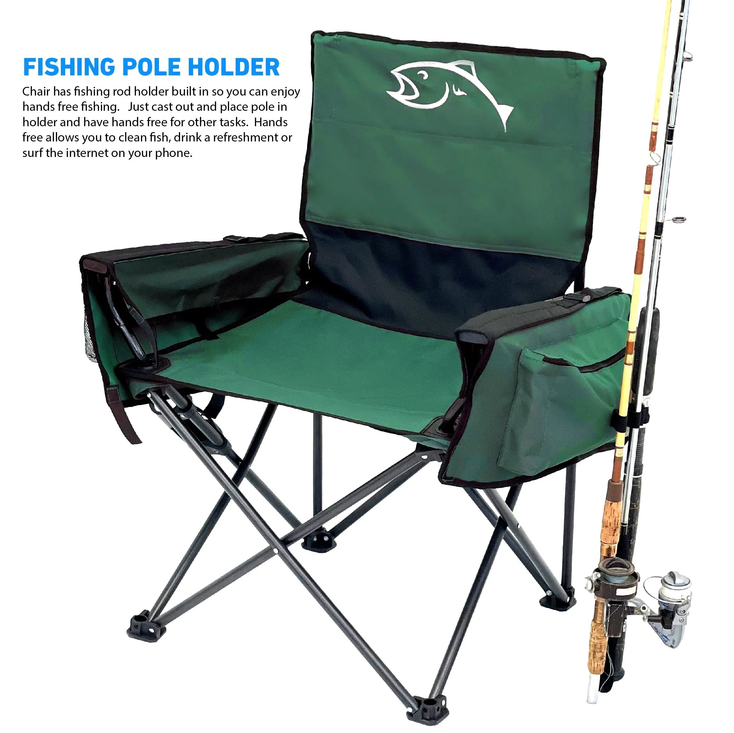 Fishing Chair with Rod Holder Built In Cooler Hands Free Fishing Pole Holder - Storage Pouch Storage Bag for Fishing Accessories Full Size Portable & Folding Ruler for Measuring Fish - USA MEGA SHOP