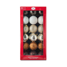 Shatterproof ornament set box with assorted brown, white, gold, and mirrored ball decorations