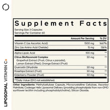 Liposomal vitamin C+ supplement facts label with amounts per serving table