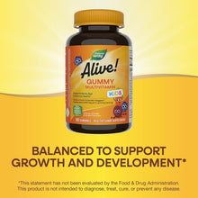 Kids multivitamin gummy bottle with yellow cap, front label with growth support wording