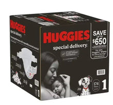 Huggies Special Delivery hypoallergenic diaper box, side view, size 1 label