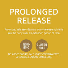 Prolonged release supplement info with Non-GMO and gluten-free icons