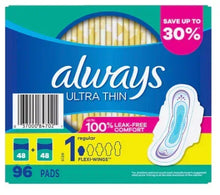 Always ultra thin regular pads pack, flexi-wings, 96 count