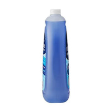 Liquid dish soap bottle, blue; side label panels and white screw cap