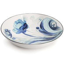 Blue floral porcelain serving bowl with swirling blue flower pattern and rim border