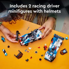 LEGO Speed Champions racing car models being assembled with two driver minifigures