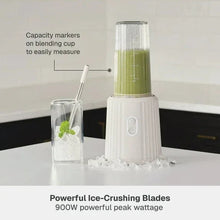 Single-serve blender base with blending cup and capacity markers