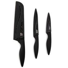 3-piece kitchen knife set with black handles and speckled blades, upright view