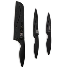 3-piece black kitchen knife set with speckled blades and curved comfort handles