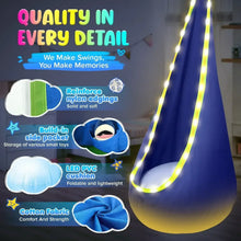 Blue kids hammock pod swing seat with glowing LED light strip and side pocket