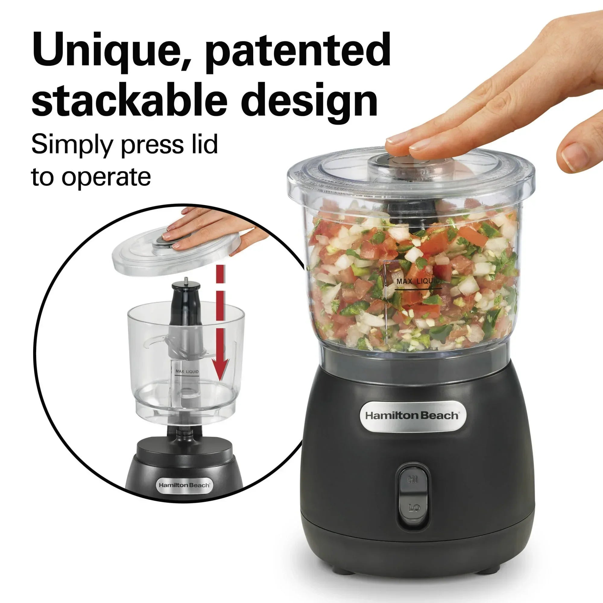 Hamilton Beach Stack & Press 2 Speed Food Chopper & Mini Food Processor, 3-Cup, Black