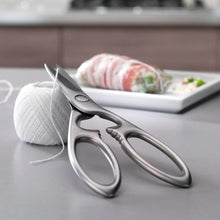 Stainless steel kitchen shears with curved handles and pointed cutting blades