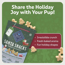 Blue Buffalo Santa Snacks dog biscuit bag with holiday-shaped treat pieces