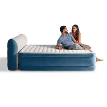 Queen airbed with built-in pump and raised headboard, blue mattress with light panels