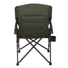 Back view of folding camp chair with X frame and dark green padded seat and back
