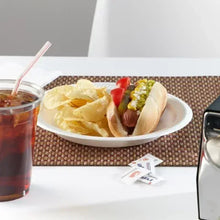 White foam lunch plate with sandwich slices and chips