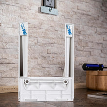 White outlet shelf open back frame with gray cord channel and outlet mounting area