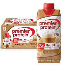 Premier Protein Cafe Latte protein shake cartons, 11 fl oz, red cap and front label visible