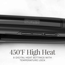 Black flat iron with built-in LCD display and control buttons