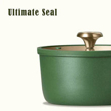 Green nonstick saucepan with knobbed lid, close-up on pot rim