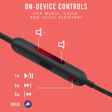 Wireless in-ear earphones with black inline control module and button labels
