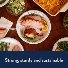 White paper dinner plate holding sliced roast meat and fruit
