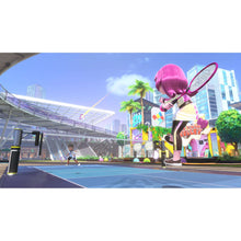 Nintendo Switch Sports gameplay scene of a character holding a tennis racket outdoors