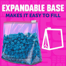 Expandable base food storage slider bag filled with blueberries