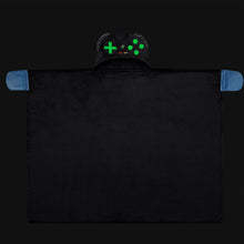 Black hooded throw blanket with gamer hood and green controller emblem