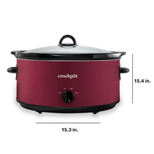 Maroon oval slow cooker with black lid and side handles, shown with dimensions