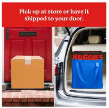 Huggies Special Delivery diaper box with blue wipes pack shown at door and in car