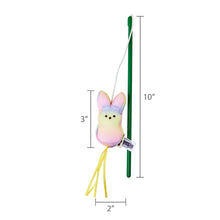 Cat wand toy size view: green stick with pastel plush bunny and yellow streamers