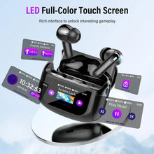 Black touch-screen wireless earbuds case with earbuds and colorful UI icons