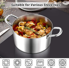 Stainless steel stock pot with two side handles, filled with cooked ingredients