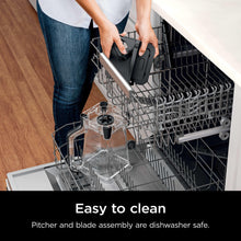 Clear blender pitcher and blade assembly in dishwasher rack for easy cleaning