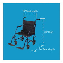 Blue transport wheelchair with black padded seat and back, swing-away footrests, front casters