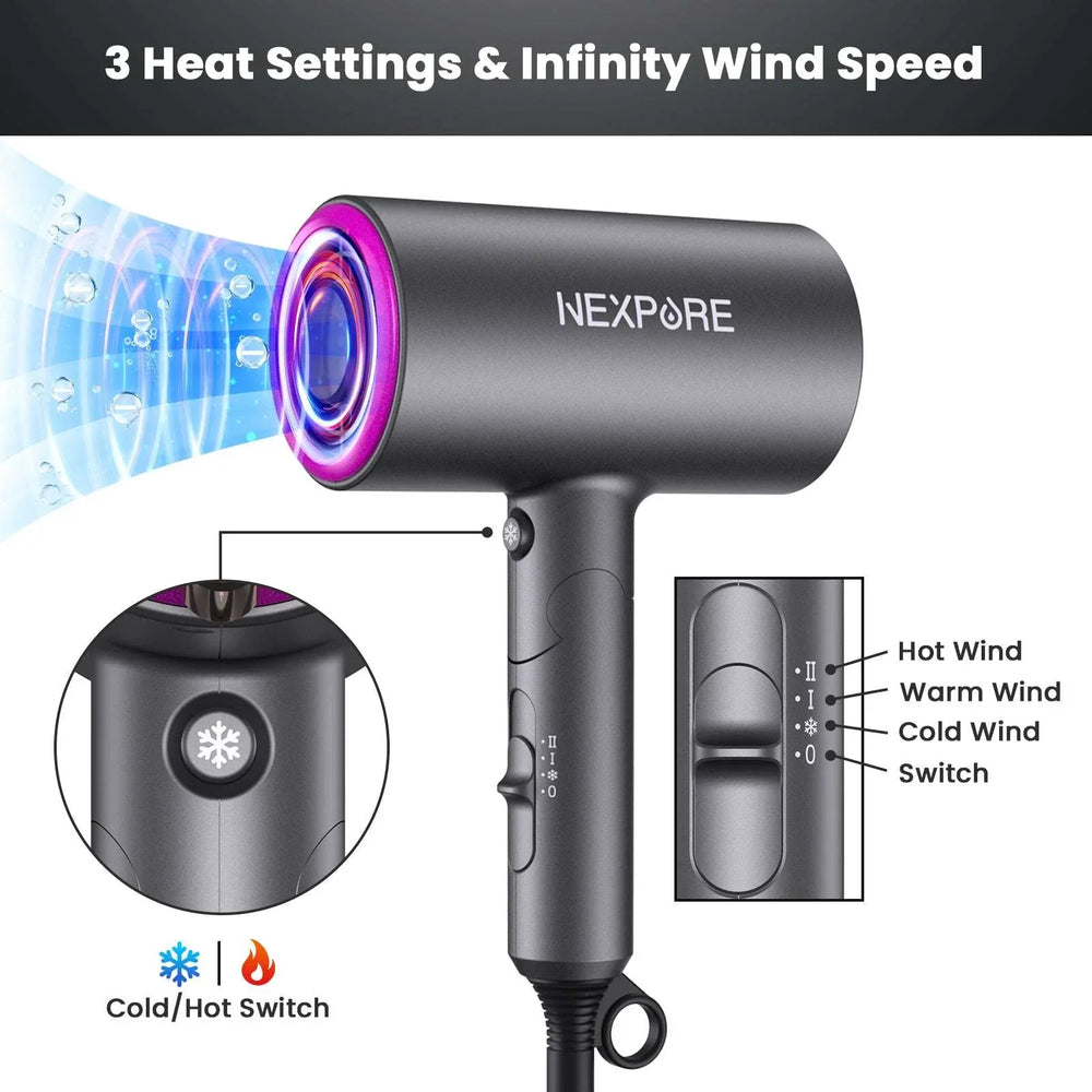 Hair Dryer, NEXPURE 1800W Professional Ionic Blow Dryer for Hair Care, Powerful Wind for Hair Drying, 2 Attachments, Grey - USA MEGA SHOP