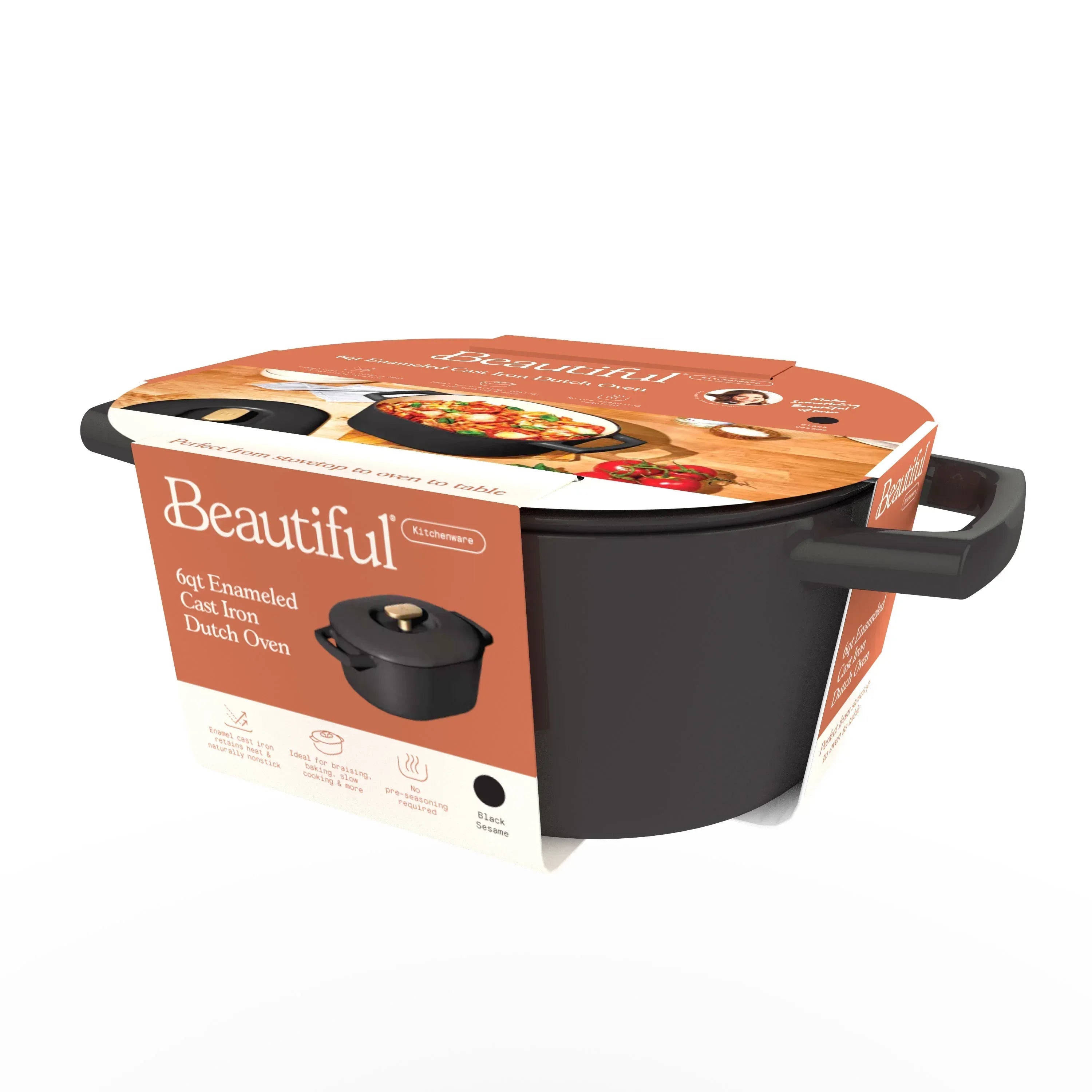 Beautiful 6 Quart Enamel Dutch Oven, Black Sesame by Drew Barrymore