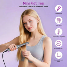 Mini flat iron in use on straight hair, gray handle with purple indicator light