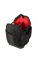 Tool tote organizer in black with red interior, front utility pockets and carry handle.
