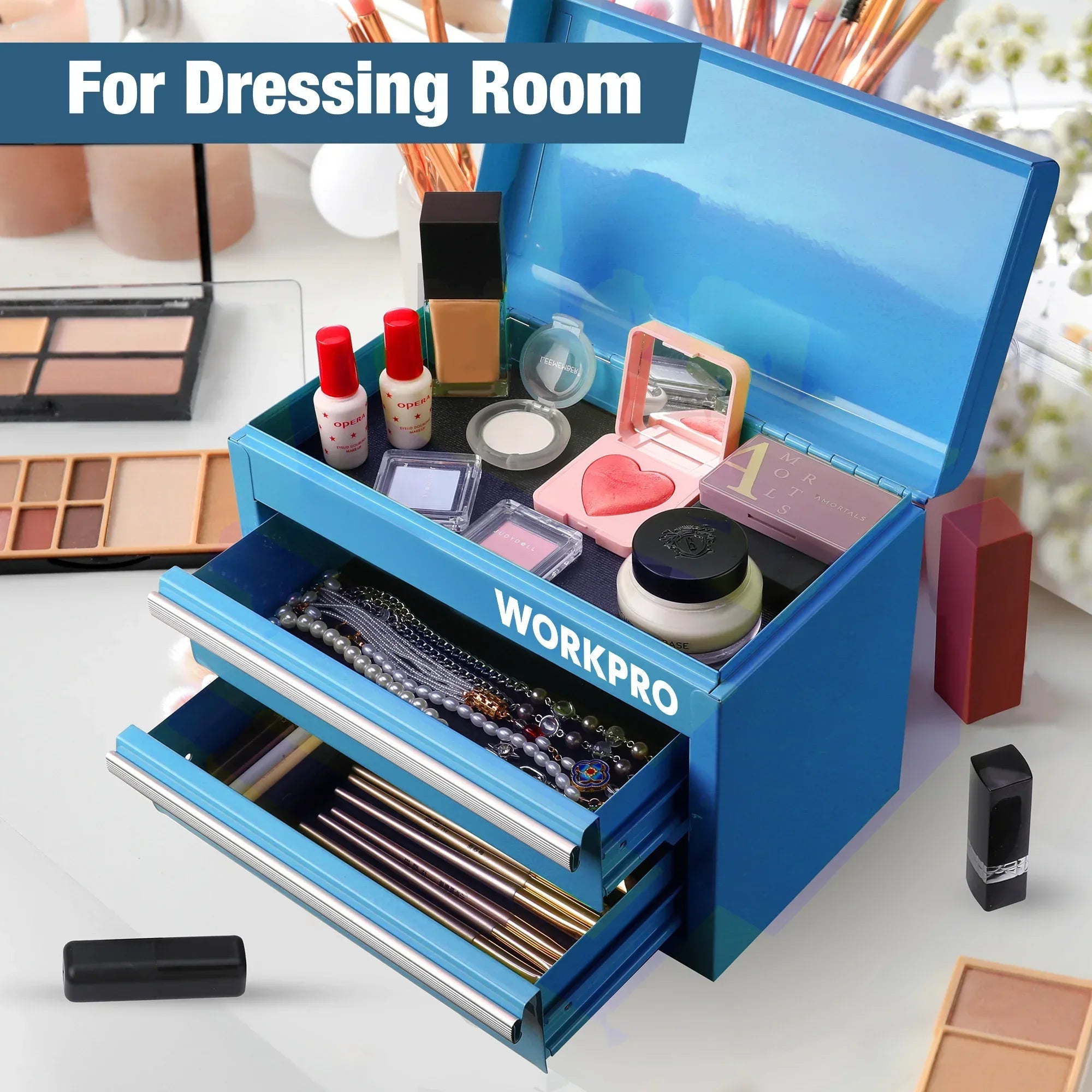 WORKPRO Mini Metal Tool Box with 2 Drawers and Top Storage, Small Tool Chest with PVC Liners and PP Feet Pads, Cold Rolled Steel Toolbox with Magnetic Tab, Blue