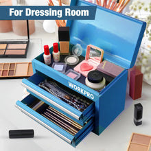 Blue mini metal tool box open with cosmetics and accessories in drawers