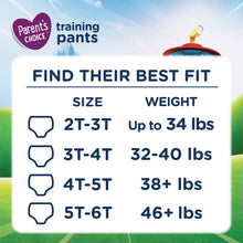 Training pants size chart graphic with size ranges and weight guidance