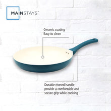 Teal nonstick frying pan with cream interior and riveted comfort handle.