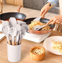 Cooking utensil caddy with silicone utensils and bamboo handles, 14-piece set