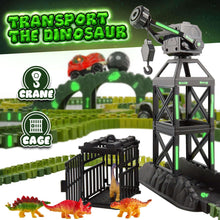 Dinosaur track set with tall crane base, cage bridge, and red and orange dinosaur figures