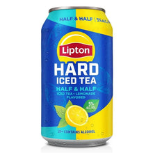 Half & Half flavored hard iced tea can with blue label and yellow lemon graphic; 5% ABV